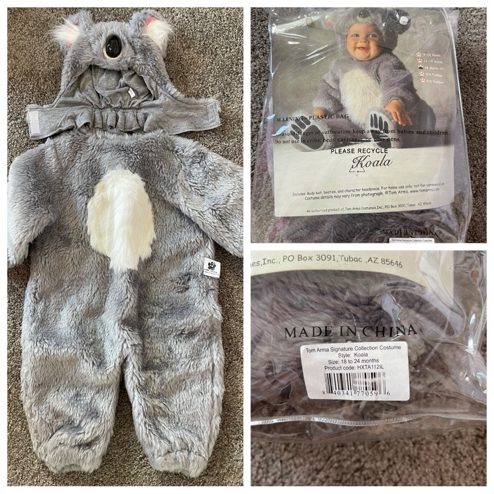 Kids Koala Two Piece Tom Arma Halloween Costume - Gray - size 18mo-2T, new!